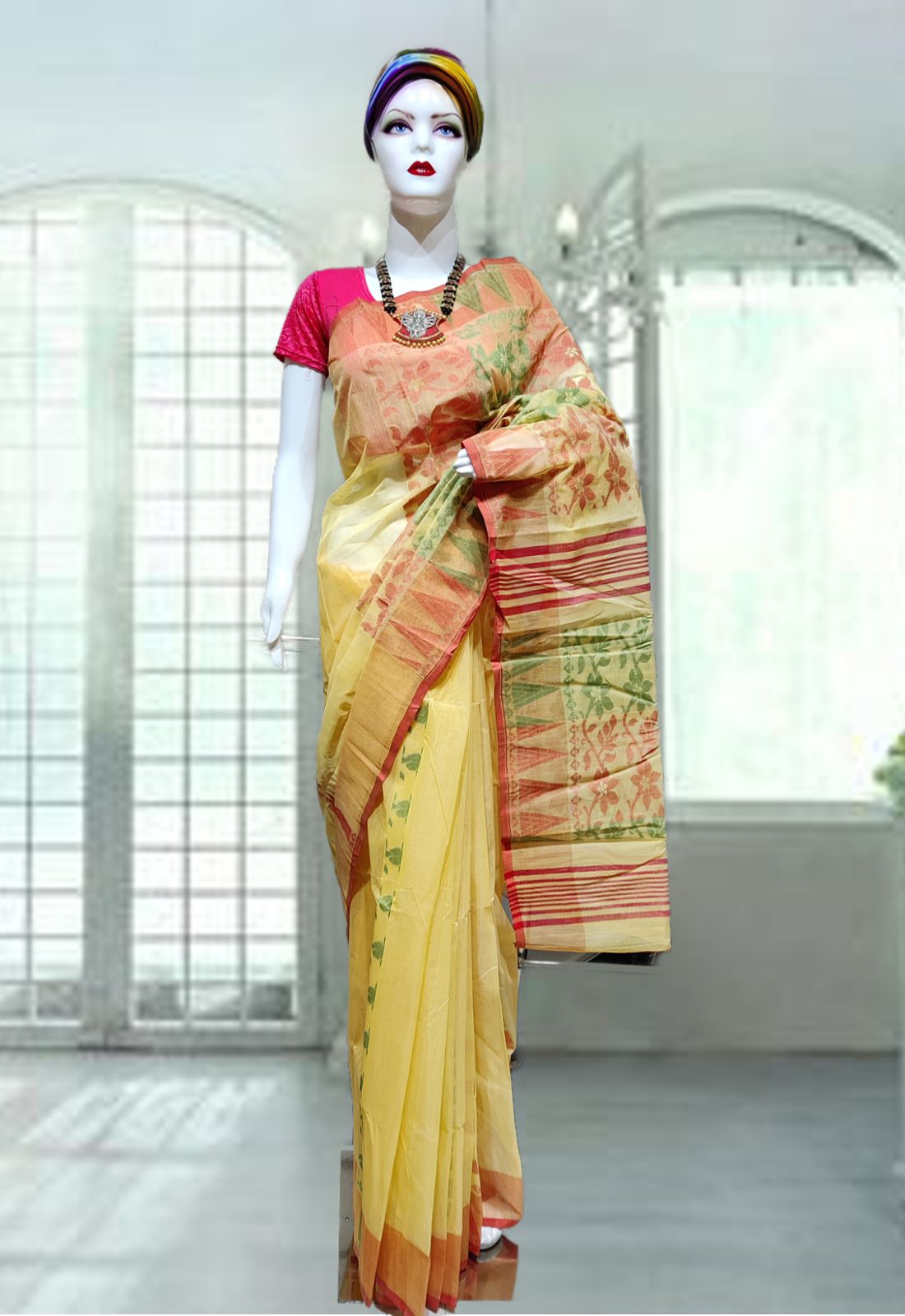 Buy Itd Woven,Self Design Pure Cotton Dhakai Jamdani Saree(Yellow) at  Amazon.in