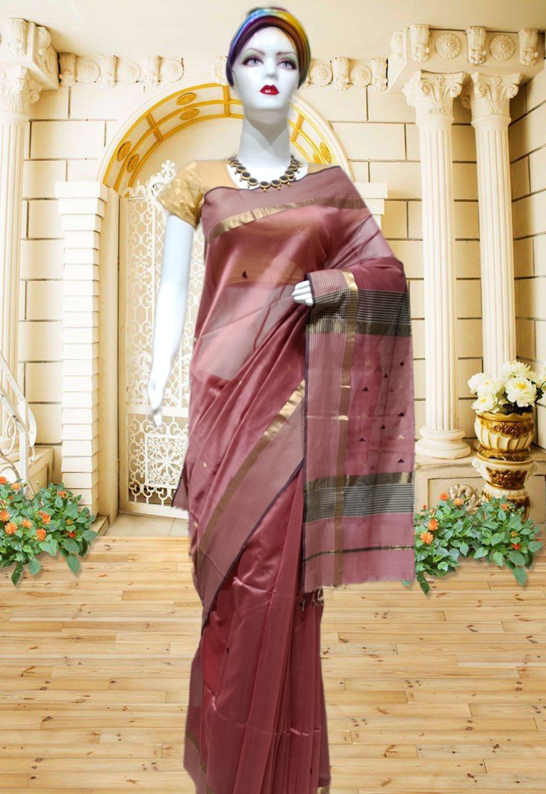 Orange Maheshwari Silk Handloom Cotton Saree with Pink Border | Shop Online